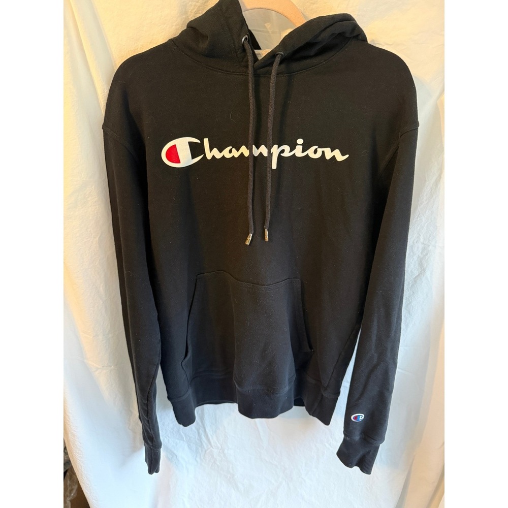 Champion Mens Script Logo Pullover Hoodie Black Fleece Sweatshirt Medium